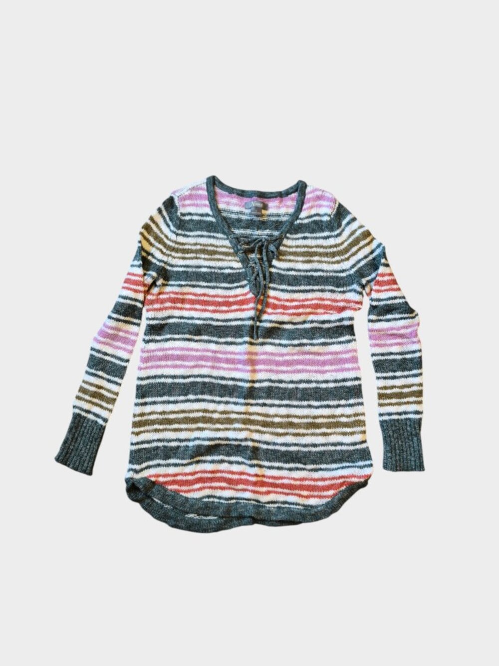 Natural Reflections Striped Knit Sweater - Boho Lace-Up V-Neck Henley - Size Med